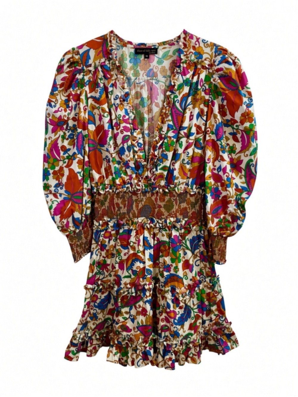House of Harlow 1960 Nicole Richie Floral Puff Sleeve Smocked Mini Dress Medium - Picture 3 of 11